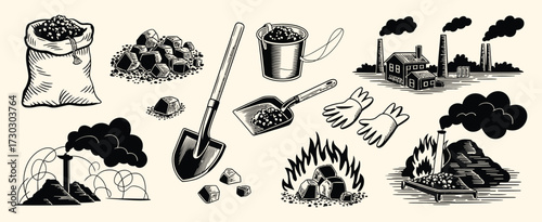 Coal Industry Sketch Set – Hand Drawn Black and White Vector Clipart Featuring Mining Tools, Extraction Equipment, and Exploitation Objects Isolated for Industrial Design Use