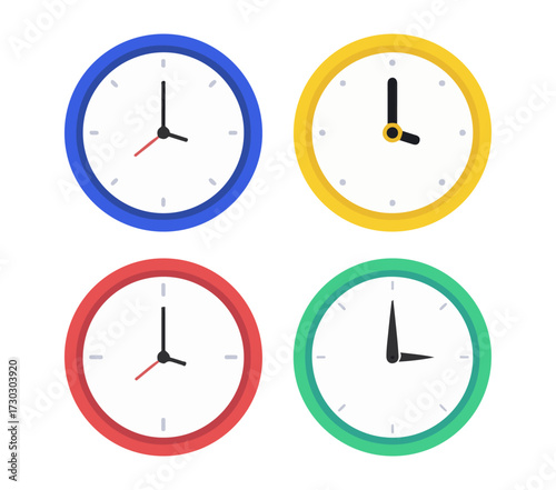 Analog Clock Icon Set – Time Education, Scheduling, and Color-Coded Hour Display Vector Illustration