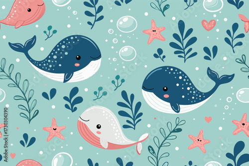 Cute cartoon whales and sea creatures swim in the bubbly ocean. A whimsical design.