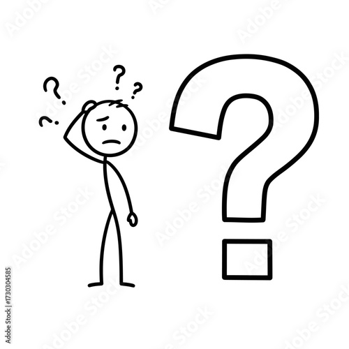 A confused stick figure stands beside a large question mark, scratching its head while contemplating a difficult problem or seeking an answer.