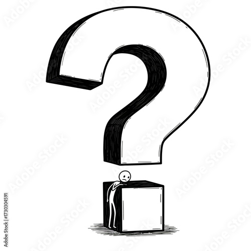 A small, contemplative stick figure peeks from behind a box, dwarfed by a colossal question mark, symbolizing profound uncertainty and the challenging quest for answers.