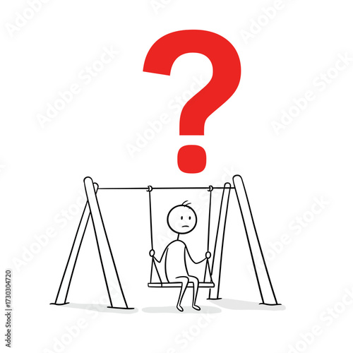 A simple stick figure sits on a playground swing, deeply contemplating a difficult problem or an uncertain future, symbolized by a large red question mark.