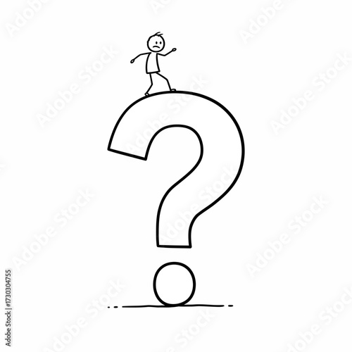 A whimsical stick figure character thoughtfully stands atop a gigantic question mark, symbolizing the profound human experience of confronting uncertainty and seeking answers.