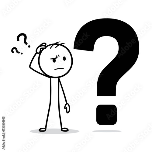 The stick figure is pondering a large question mark, symbolizing confusion, uncertainty, and the need for answers or solutions in a complex situation.