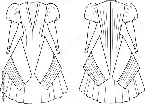 Flat vector fashion illustration of dramatic puff sleeve dress with pleated panels, deep V-neck, structured silhouette, and flared hem detail