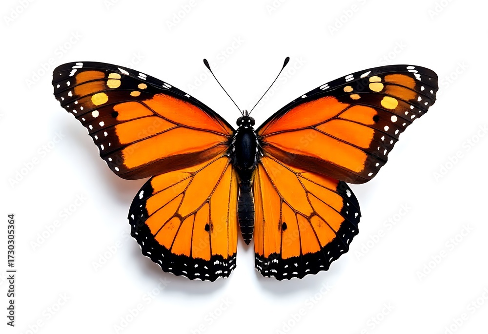 Fototapeta premium Vibrant monarch butterfly spread wings showcasing intricate patterns and striking orange hues against a clean white background