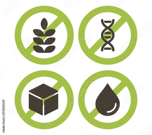 "Clean Food Label Icon Set – Green Circular Prohibition Symbols for No Gluten, Non-GMO, No Added Sugar, and No Artificial Additives in Nutrition and Packaging Design Projects"