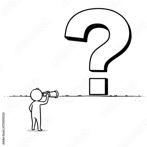 A small doodle person uses a spyglass to gaze intently at an enormous question mark, symbolizing the search for knowledge and understanding.