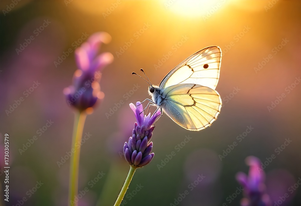 Naklejka premium Delicate white butterfly basks in warm golden sunset light on vibrant lavender bloom, evoking tranquility and nature's beauty.
