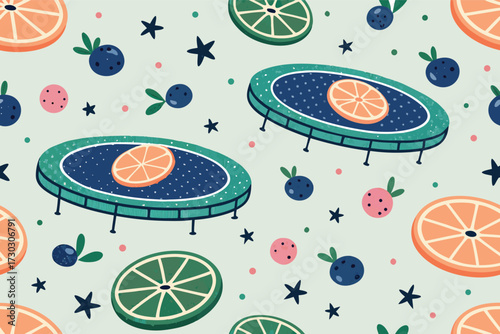 A playful pattern of fruits and trampolines on a light background.