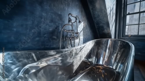 A luxurious, antique-style, metal bathtub in a stylish, dark-blue, loft-style bathroom.
