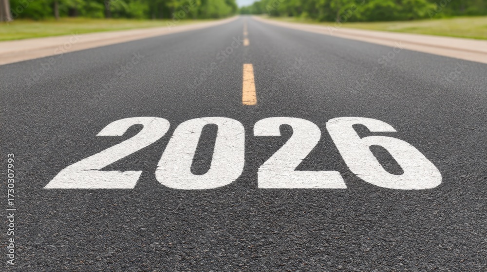 Fototapeta premium Road with the Year 2026 Painted on Asphalt in the Center, Signifying Future and Journey Ahead, Surrounded by Lush Green Trees on a Sunny Day