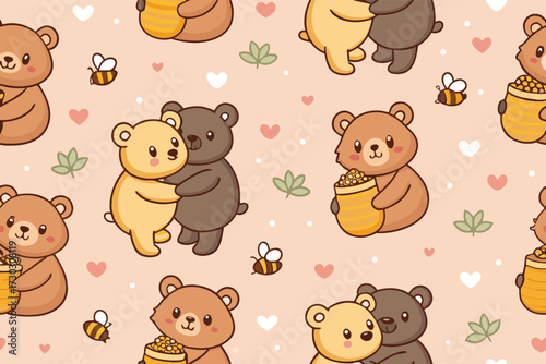 Cute bears and bees on a peach background with hearts and leaves.