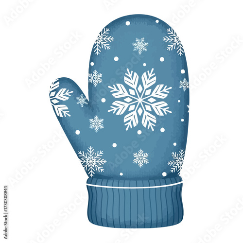 Blue mitten with snowflake pattern for winter