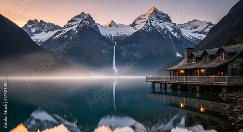 Scenic Cabin by a Serene Lake Majestic Mountains in the Background Nature Retreat
