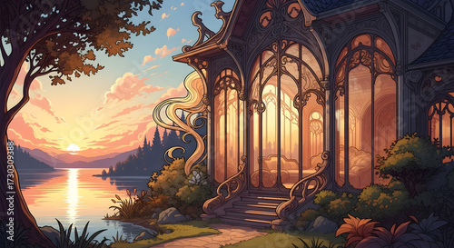 Enchanting Lakeside Sunset Anime Style Fantasy Villa Serene Landscape