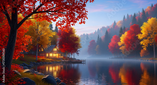 Idyllic Autumn Lakeside Cabin Scene with Vibrant Fall Foliage