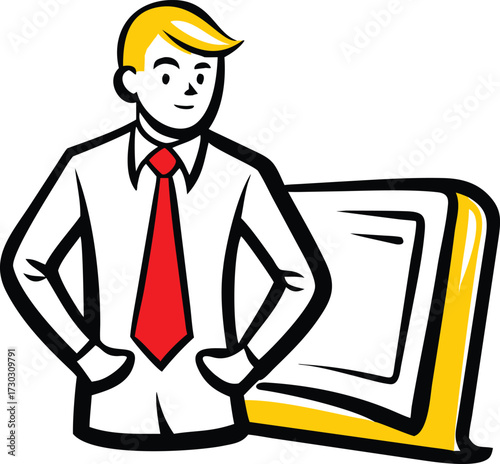 Cartoon man in white shirt red tie standing next to yellow book illustration