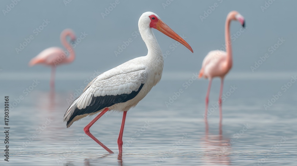 Fototapeta premium Elegant white stork standing in serene water with pink flamingos in the background during a calm and tranquil early morning ambiance