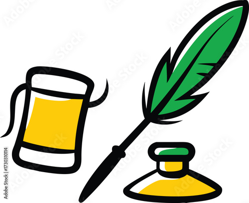 Green quill pen with inkwell and glass of yellow liquid on white background writing