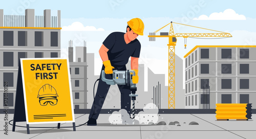 Construction worker using jackhammer on urban building site with safety signage
