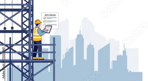 Construction Site Safety Inspection: Worker Ensuring Compliance on Scaffolding