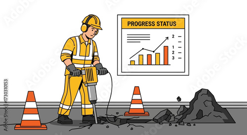 Illustrative construction worker impacting road with progress status chart behind him