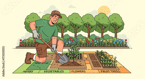 Illustration of a happy man planting a tree seedling in a thriving garden plot