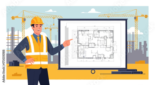 Construction Site Blueprint Presentation by Engineer with Cranes in Background