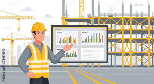 Construction progress review presented by a site engineer using a project dashboard