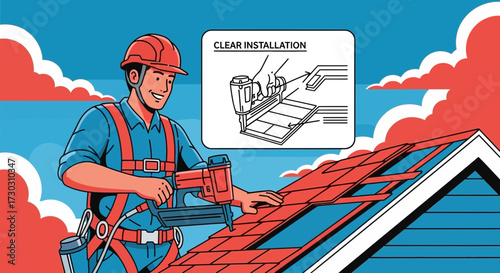 Illustrated roofing worker installing tiles with nail gun, clear installation guide