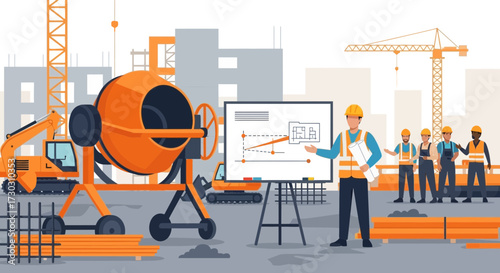 Construction Site Meeting: Architect Presenting Project Plans to Workers Team