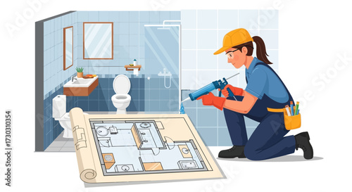Bathroom renovation process: Female contractor sealing tiles with blueprint design