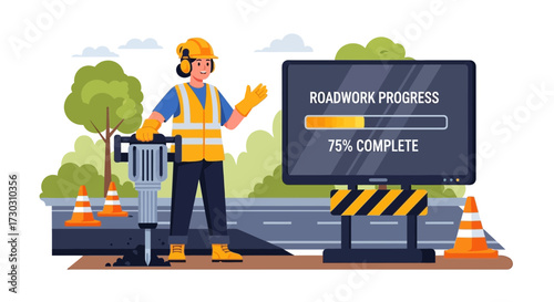 Digital interface showing road construction progress with a worker drilling the road