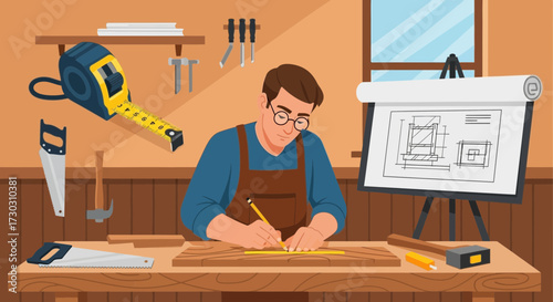 Craftsman carefully drafting a new design, blending meticulous precision with creative woodworking process