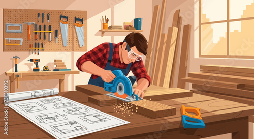 Carpenter skillfully using a power saw in a woodworking workshop with precision