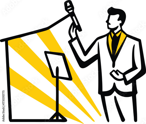 Stylized illustration of a man in a suit holding a microphone on a stand with yellow spotlight beams