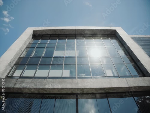 Modern office building facade with large glass windows against a clear blue sky