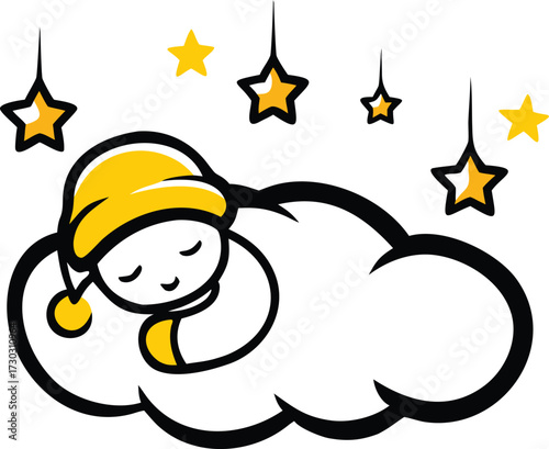 Stylized sleeping child in yellow hat on cloud with hanging yellow stars vector