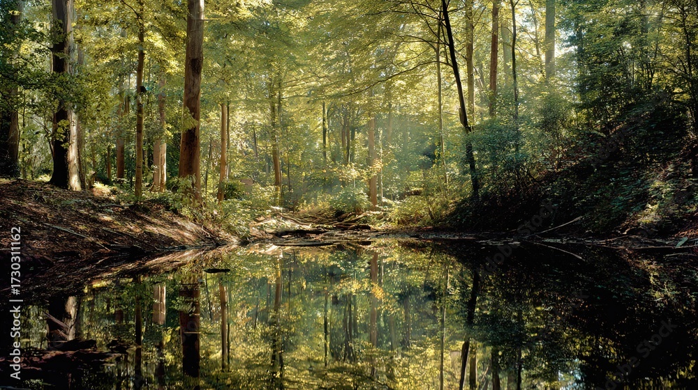 Fototapeta premium mirror. A serene forest scene reflected perfectly in still water, illuminated by golden sunlight filtering through trees. travel magazines.