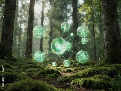 Green energy symbols overlaid on a forest scene