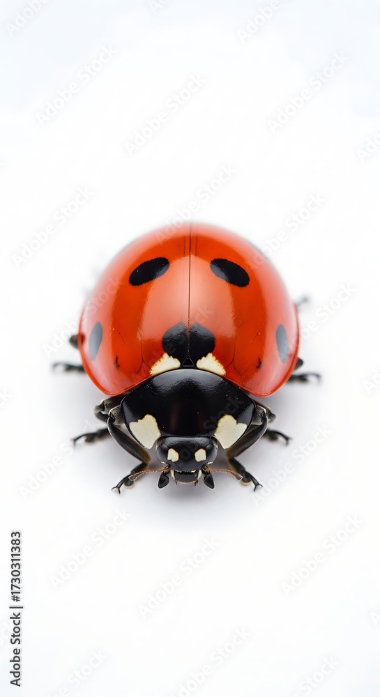 Fototapeta premium A close-up, high-angle studio shot of a vibrant red ladybug with black spots against a stark white background.