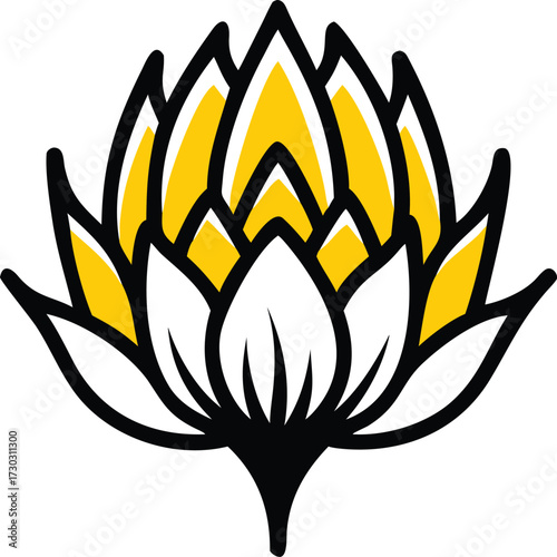 Stylized yellow and white lotus flower with black outlines on a white background vector