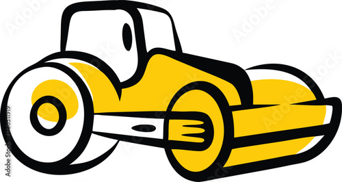 Yellow and black cartoon steamroller illustration on white background road roller construction vehicle