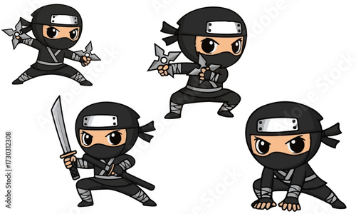 Adorable Chibi Ninja Cartoon Vector Set: Stealth and Action Poses