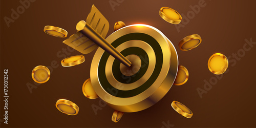 Golden dart target icon with arrow and coins. 3d design of business goal. Success finance marketing strategy. Vector illustration