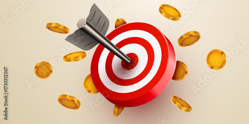 Red dart target icon with arrow and coins. 3d style design of business goal. Success finance marketing strategy. Vector illustration