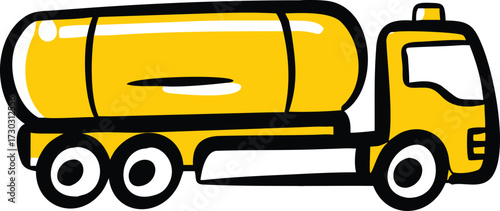 Yellow tanker truck with black outline and white accents on white background vehicle transportation