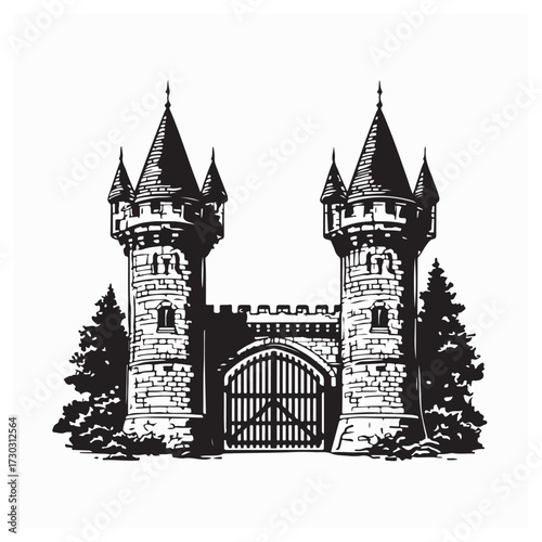 Old Stone Castle with Dual Defensive Towers on Isolated White Background Vector