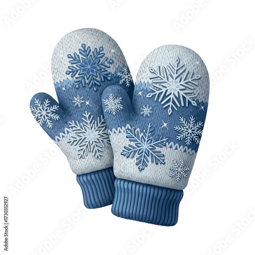 Blue knitted mittens with snowflake pattern